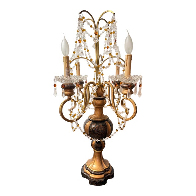 1970s Hollywood Regency Gold & Black Crystal Candelabra Table Lamp For Sale