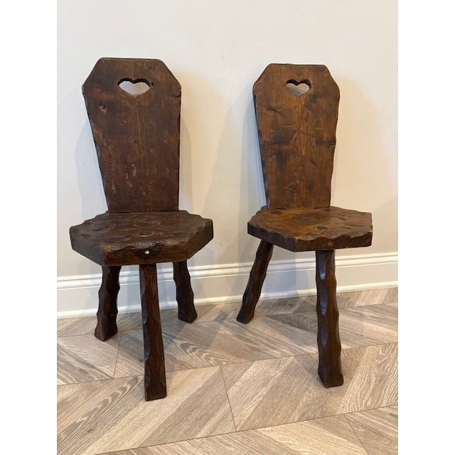 Early 20th Century French Alpine Hand-Carved Chairs and Stool Set For Sale - Image 4 of 11