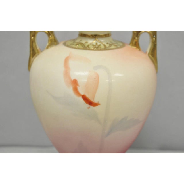 Antique Nippon Hand Painted Porcelain Small Pink Floral Vase W Gold Twin Handles For Sale - Image 10 of 12