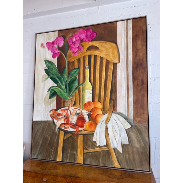 Large still life painting by J. Ross features shellfish, peaches, and an vibrant orchid sitting atop a wooden chair....