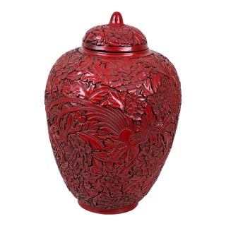 Antique Chinese Hand-Carved Cinnabar Lacquered Lidded Jar Probably Qianlong For Sale