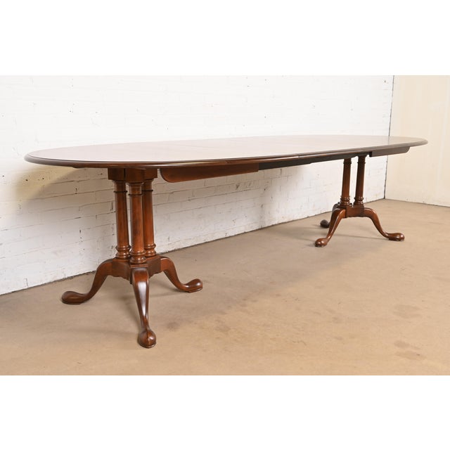 Baker Furniture Company Baker Furniture Georgian Cherry Wood Double Pedestal Extension Dining Table, Newly Refinished For Sale - Image 4 of 12