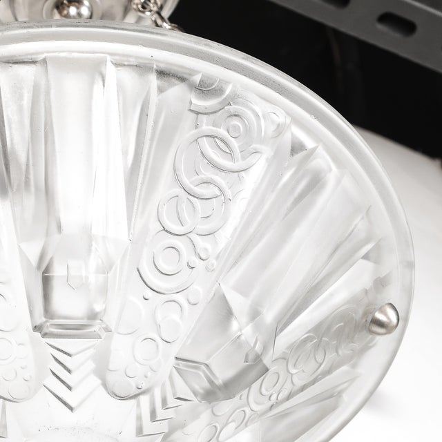 Transparent 1930s Stunning Art Deco Cubist Detailed Molded Glass Chandelier Signed Muller Freres For Sale - Image 8 of 18