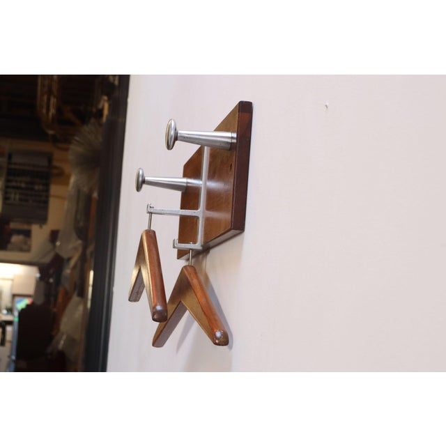 Vintage Walnut and Anodized Aluminum Wall Mounted Coat Rack With Two Hangers For Sale In New York - Image 6 of 13