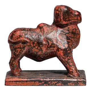 Hand Carved Asian Folk Art Wood Animal Sculpture Statue Distressed Painted Patina Home Decor For Sale