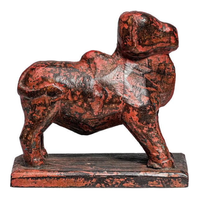 Hand Carved Asian Folk Art Wood Animal Sculpture Statue Distressed Painted Patina Home Decor For Sale