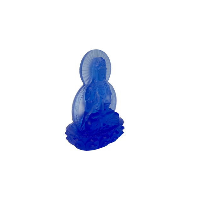 Asian Blue Frosted Crystal Glass Lotus Base 2 Sides Bodhisattva Guanyin Figure For Sale - Image 3 of 11