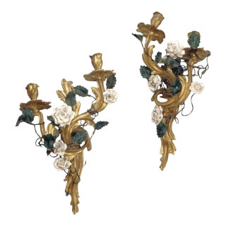 Late 19th Century Louis XV Style Gilt Bronze Sconces with Porcelain Flowers - A Pair For Sale