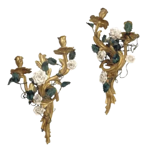 Late 19th Century Louis XV Style Gilt Bronze Sconces with Porcelain Flowers - A Pair