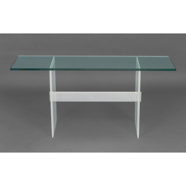 Contemporary Modern Glass Top Console Table With Lucite and Steel Base For Sale - Image 3 of 9
