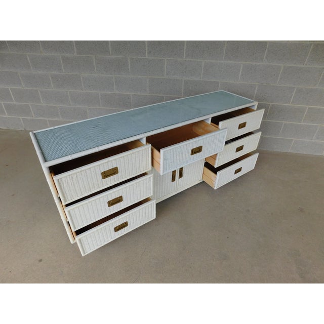 Faux Bamboo Campaign Style Wicker Dresser Coastal Style Attributed to Henry Link - Approx 30 years old - 7 dovetailed...
