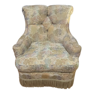 1920s Antique Hollywood Regency Lounge Chair Floral Brocade Upholstery / Fringe Trim