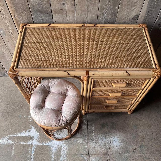 Vintage Bamboo Dressing Table with Drawers and Cushioned Stool, Set of 2 For Sale - Image 5 of 11