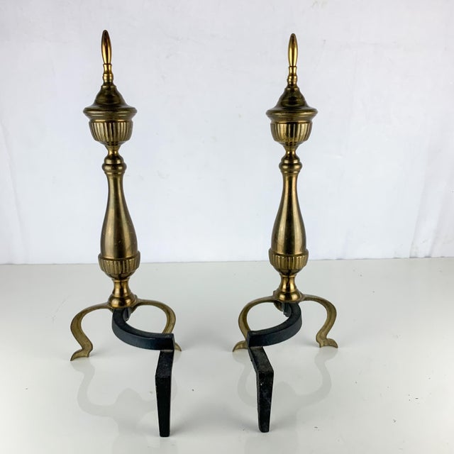 Hollywood Regency Vintage Pair Federal Hollywood Regency Style Brass & Iron Andirons Fire Dogs For Sale - Image 3 of 6