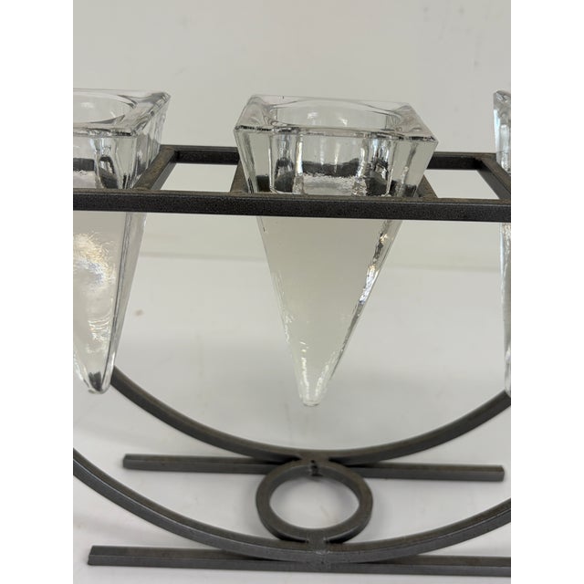 Metal Vintage 1980s Brutalist Iron & Crystal Triple Votive Candle Holder Candelabra For Sale - Image 7 of 12