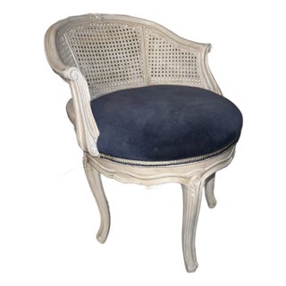 1950s Blue and Grey Cane French Bergere Swivel Chair For Sale