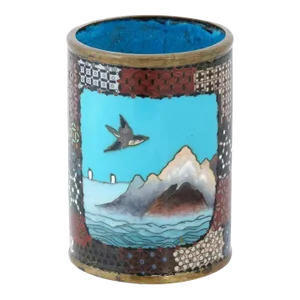 Antique Meiji Japanese Cloisonne Enamel Geometric Brush Pot Vase