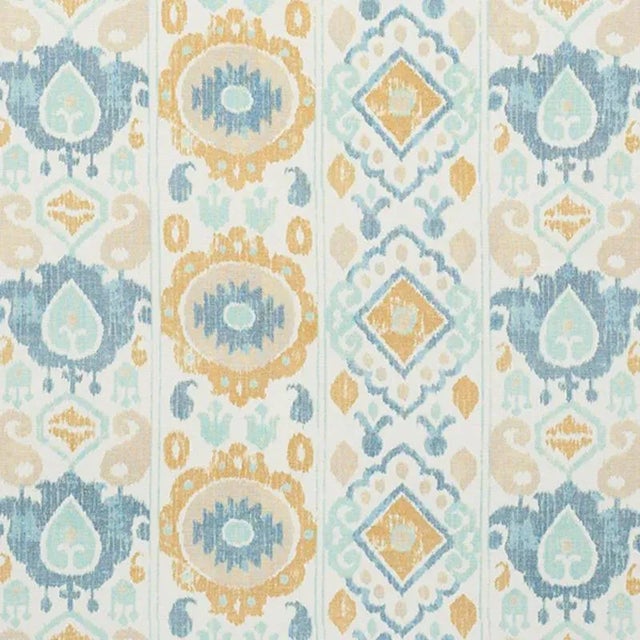 Sample- Schumacher Elizia Ikat Fabric in Sky & Ochre For Sale