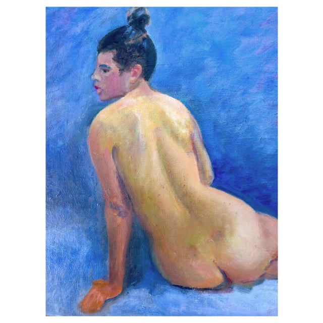 Mid Century Nude Study, Reclining Figure on Blue in Oil on Board Mid Century nude study of a female figure in a reclining...