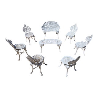 1950s Victorian Garden Bistro Bench, Center Table & Six Chairs, For Sale