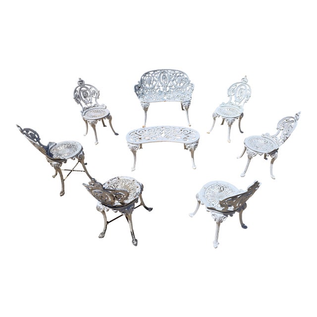 1950s Victorian Garden Bistro Bench, Center Table & Six Chairs, For Sale