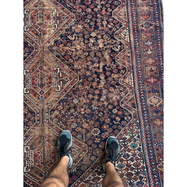 Textile 1920s Southwest Persian Khamseh Deep Blues, Amber, Peacock Green Rug 7.8 x 9 For Sale - Image 7 of 13