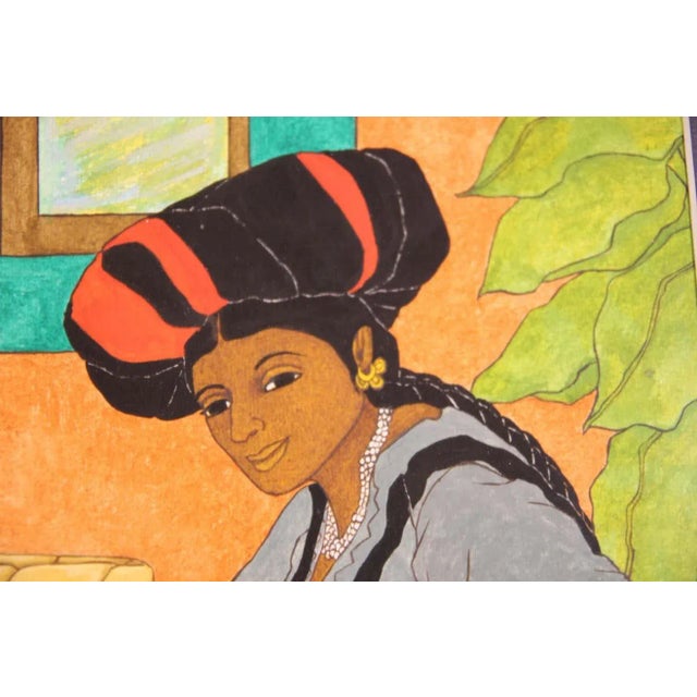 Nadine Mayes Colorful Watercolor Portrait of Seated Female in Blue Dress and Black + Red Hat 1990s For Sale In Houston - Image 6 of 12