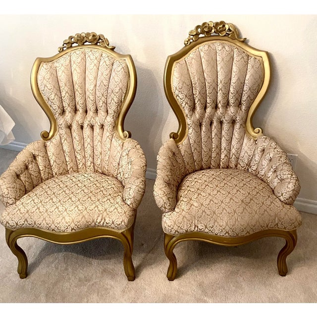 Gold Victorian Style Kimball Style Tufted Gold Upholstered Pair of Parlor Chairs Vintage For Sale - Image 8 of 10