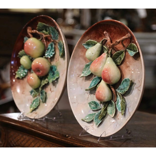 Ceramic Pair of 19th Century French Hand Painted Ceramic Barbotine Fruit Wall Platters For Sale - Image 7 of 12