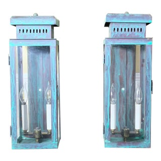 Large Stunning Pair of Solid Copper Wall Lanterns For Sale