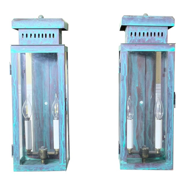 Large Stunning Pair of Solid Copper Wall Lanterns For Sale
