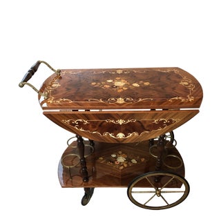 Vintage Italian Inlaid Wood Drop Leaf Marquetry Bar Cart For Sale