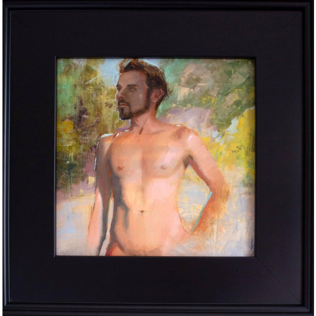 This oil on panel artwork presents a figure in a natural setting, exuding a sense of tranquility and confidence. The soft...