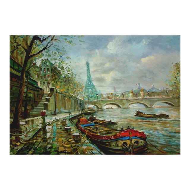Francois Dubois Sur Le Seine Original Oil Painting on Canvas For Sale