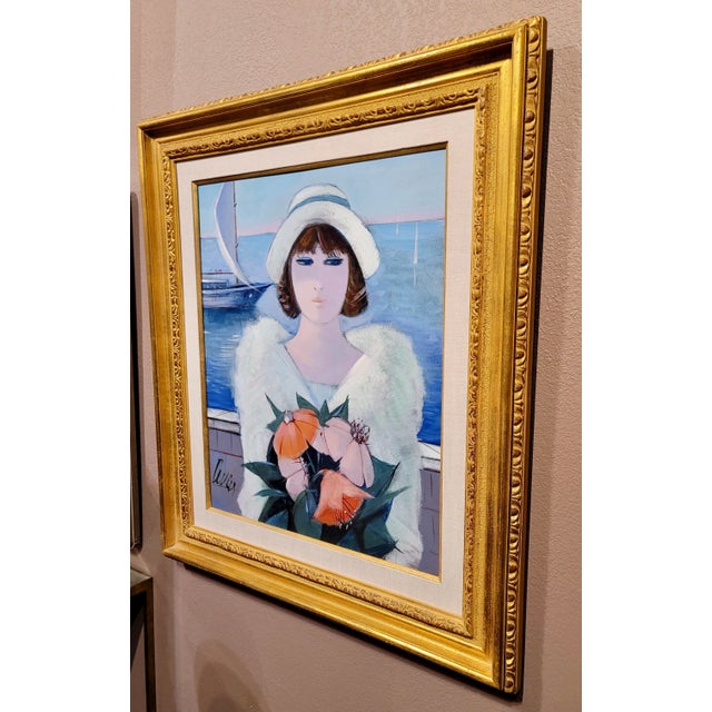 Charles Levier -Woman in White W/Flowers at the Marina - Oil Painting For Sale - Image 9 of 10