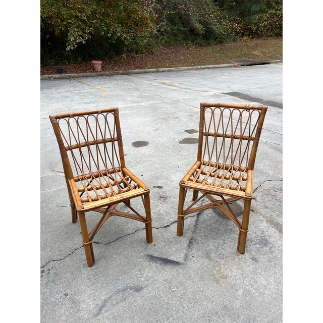 Boho Chic 1970s Pair of Boho Chic Rattan Detailed Side Chairs For Sale - Image 3 of 3