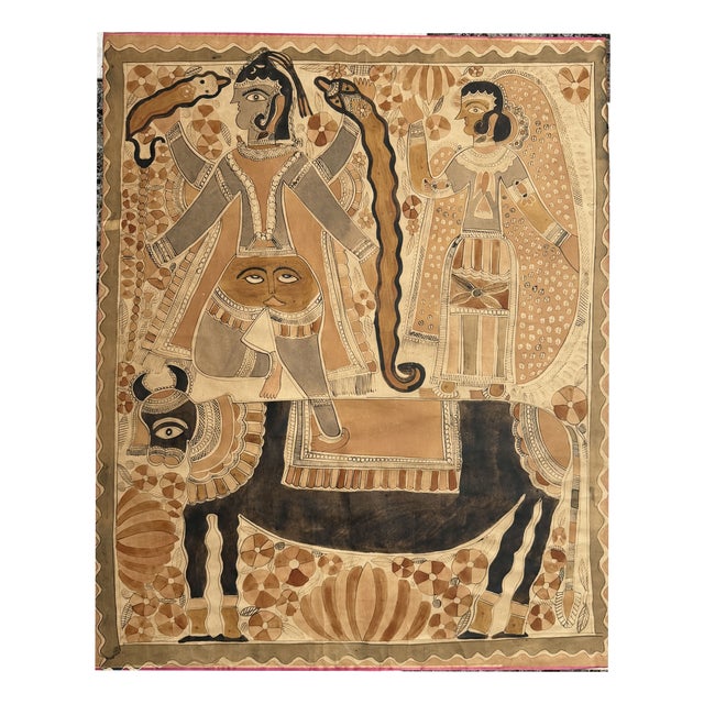 Madhubani Jitwarpur Indian Artist, Figurative Scene, Drawing with Natural Pigments, 1970s For Sale