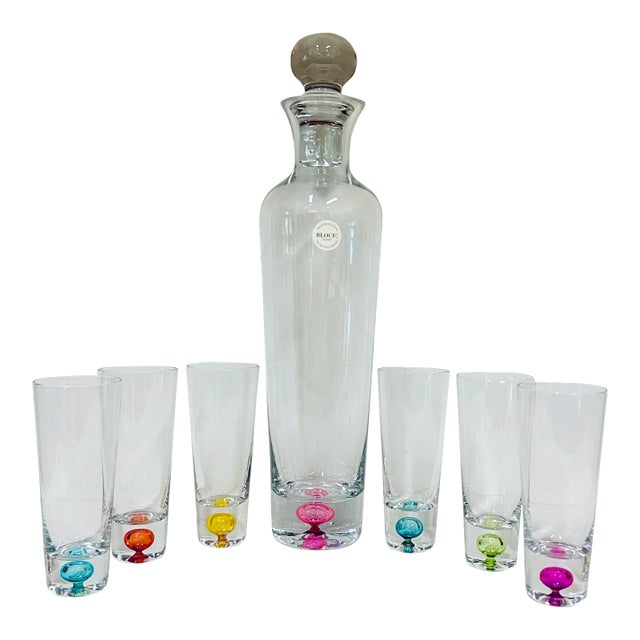 Vintage Mouth Blown Crystal Multi-Colored Weighted Bottoms Decanter and 6 Cordial Glasses Barware Set For Sale