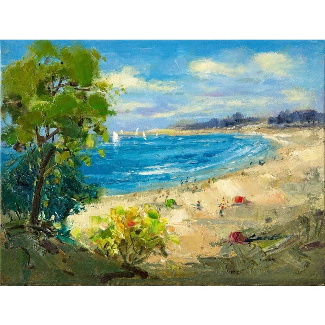 Beach Coastal Scene Sailboats Oil Painting on Canvas by Lambdom For Sale