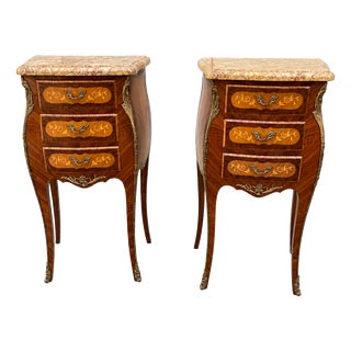 Louis XV Bedside Tables with Floral Marquetry, 1890s, Set of 2 For Sale