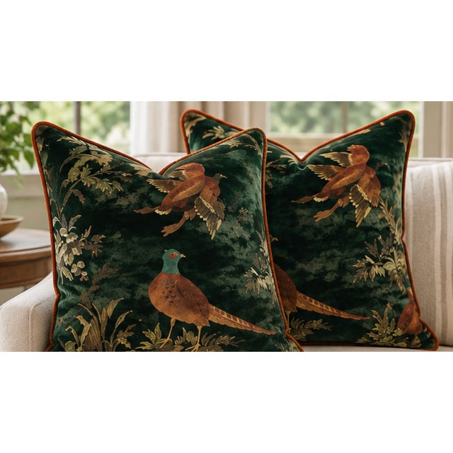 Game Show Emerald Designer Pillow Pair With Rust Cording – A 22" Pair For Sale - Image 4 of 5