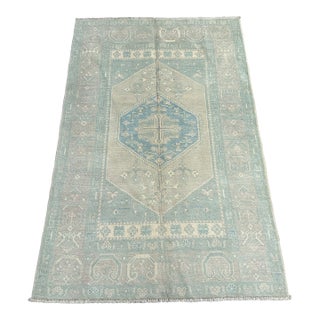 Shabby Chic Oushak Wool Rug – Blue/Beige – 3′11″ × 6′0″ For Sale