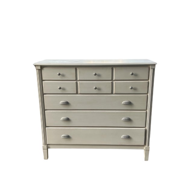 Elegant Ethan Allen chest of drawers crafted in a refined Gustavian / neoclassical style with soft painted finish and...