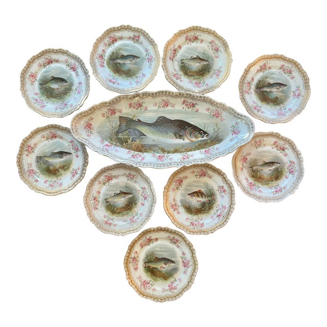 Antique O & E Gutherz Royal Austria Hand Painted Fish Dinnerware Circa 1899-1918 - A Set of 10 Pieces For Sale