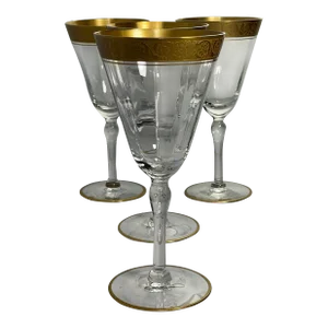 Vintage Optic Glass Goblets With Metallic Gold Floral Rim- Set of 4