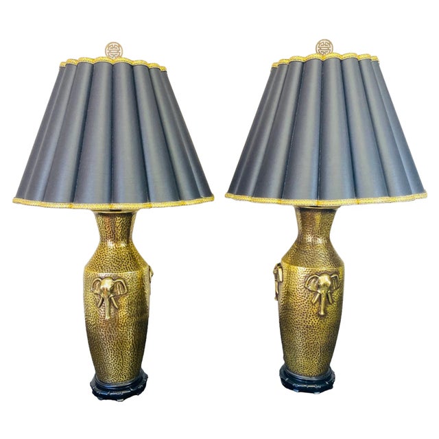 Mid-20th Century Gold Porcelain Hammered Brass Textured Elephant Head Lamps a Pair For Sale - Image 13 of 13