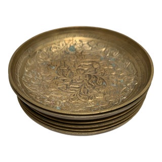 Vintage Etched Bohemian Brass Spice Trays or Coasters, Set of Six For Sale
