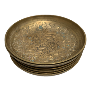Vintage Etched Bohemian Brass Spice Trays or Coasters, Set of Six