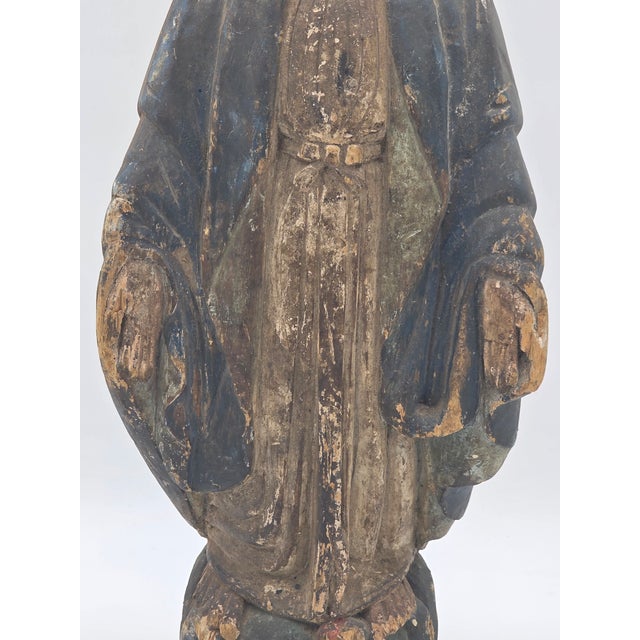 Rare Antique 18th Century Spanish Colonial Hand-Carved Virgin Mary Statue Polychrome Wood For Sale In Houston - Image 6 of 15