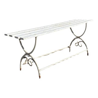 Early 20th Century Vintage French Art Nouveau Scrolling Wrought Iron Wooden Slat Garden Patio Bench For Sale